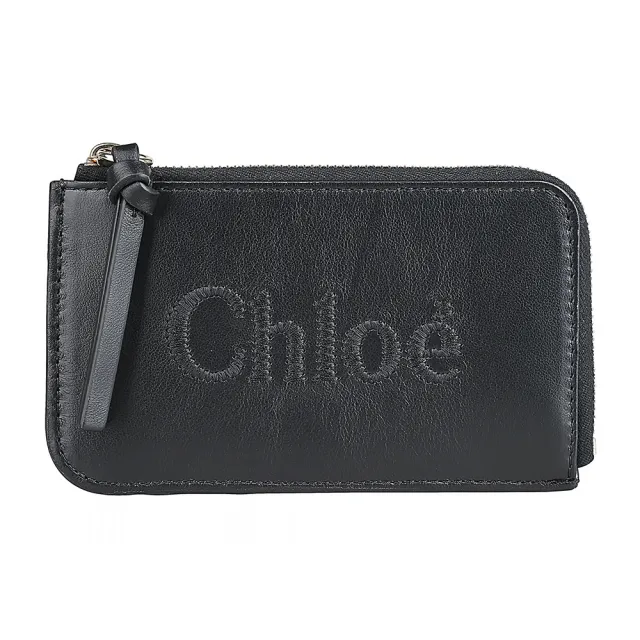 【Chloe’ 蔻依】Chloe’ Sense刺繡LOGO小牛皮拼小羊皮4卡拉鍊卡夾零錢包(黑)