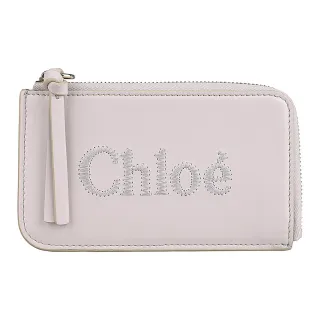 【Chloe’ 蔻依】Chloe’ Sense刺繡LOGO小牛皮拼小羊皮4卡拉鍊卡夾零錢包(野淺灰)