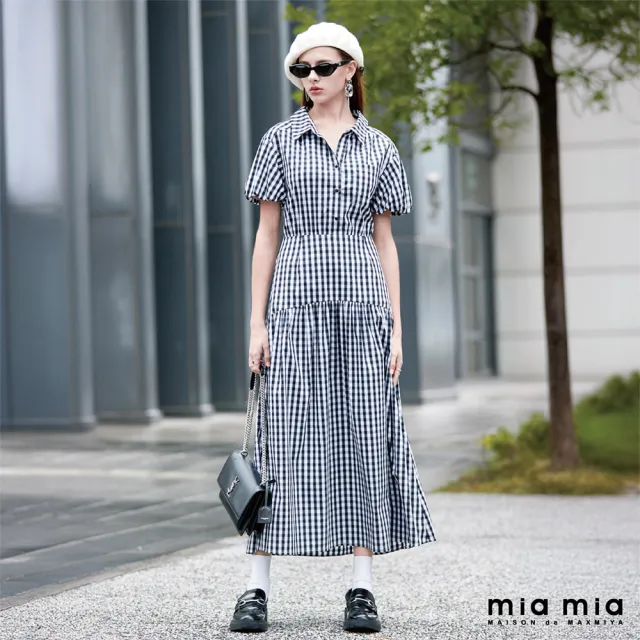 【mia mia】黑白格紋小澎袖長洋裝