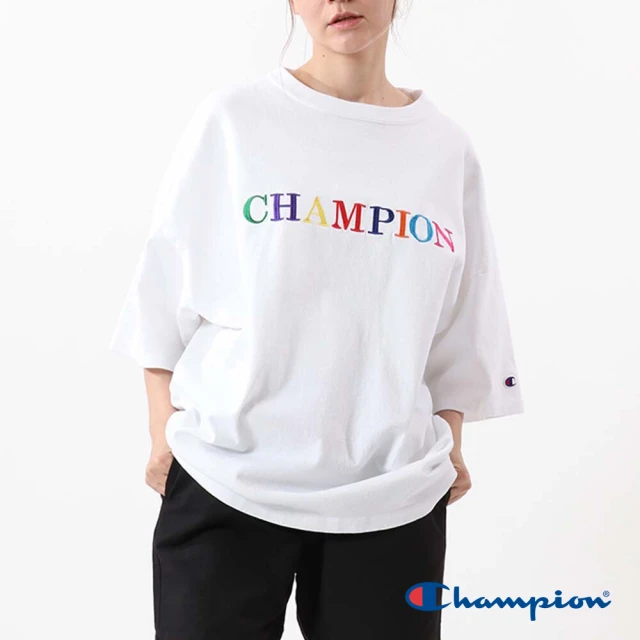 Champion 官方直營-純棉寬版落肩彩色LOGO刺繡短袖TEE-女(白色)