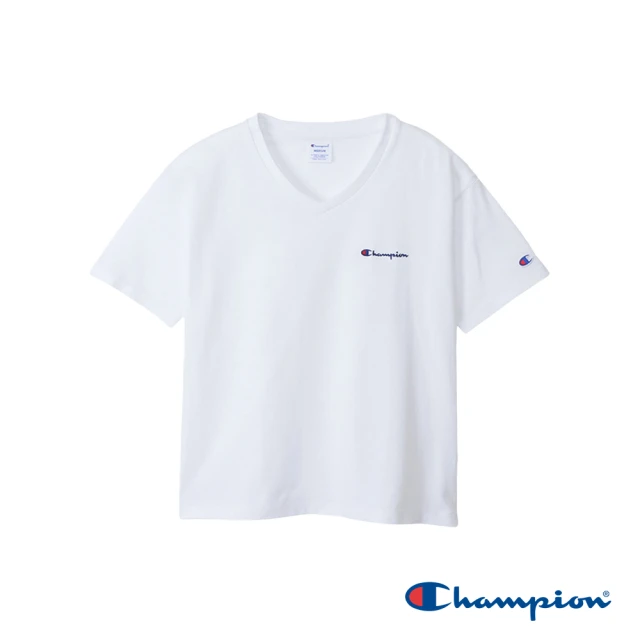 Champion 官方直營-純棉寬版草寫LOGO刺繡V領短袖TEE-女(白色)