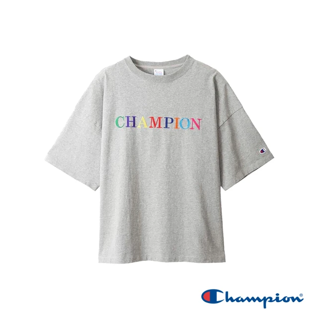 Champion 官方直營-純棉寬版落肩彩色LOGO刺繡短袖TEE-女(灰色)