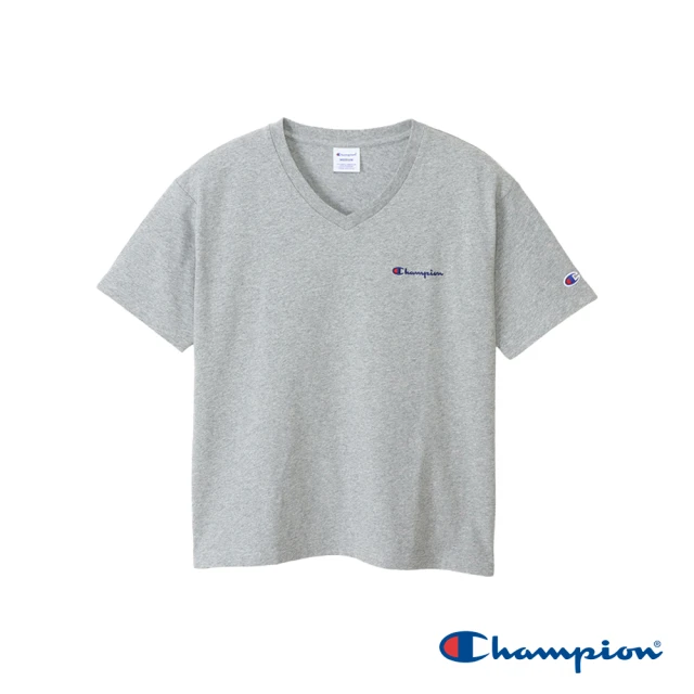 Champion 官方直營-純棉寬版草寫LOGO刺繡V領短袖TEE-女(灰色)