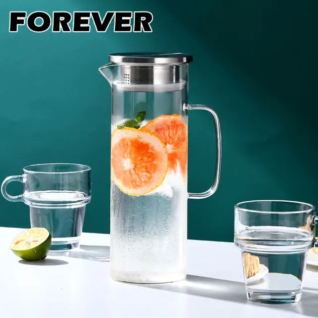 【日本FOREVER】耐熱玻璃水壺1L手柄圓型款(買一送一)