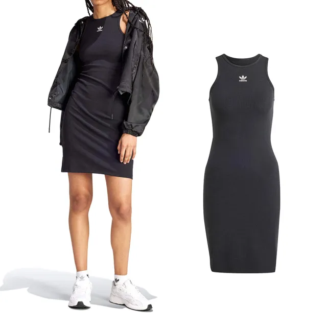 【adidas 愛迪達】Rib Tank Dress 女款 黑色 刺繡 運動 休閒 三葉草 背心式 連身裙 洋裝 IT9881
