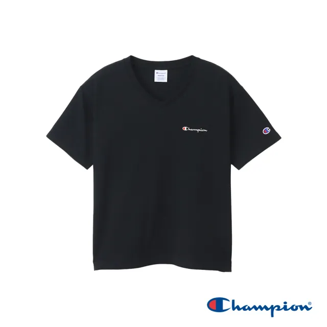 【Champion】官方直營-純棉寬版草寫LOGO刺繡V領短袖TEE-女(黑色)