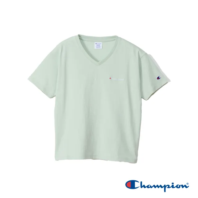 【Champion】官方直營-純棉寬版草寫LOGO刺繡V領短袖TEE-女(淺綠色)