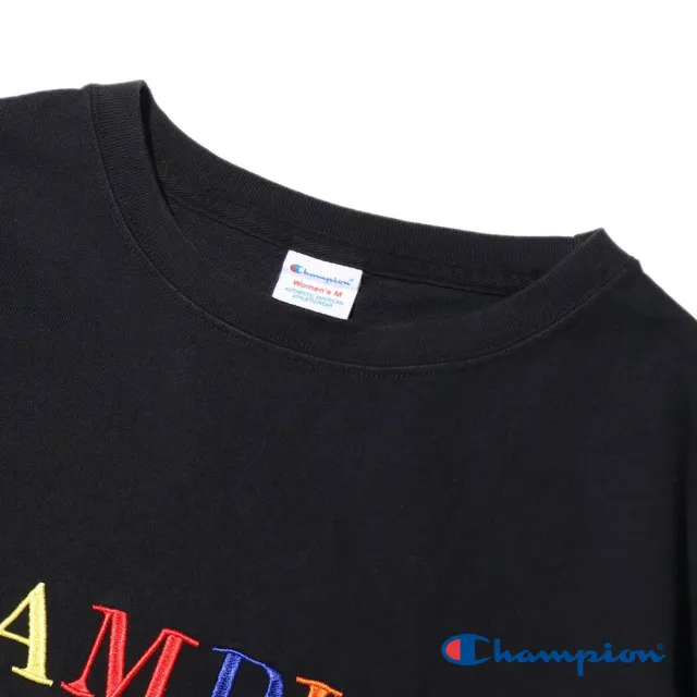 【Champion】官方直營-純棉寬版落肩彩色LOGO刺繡短袖TEE-女(黑色)