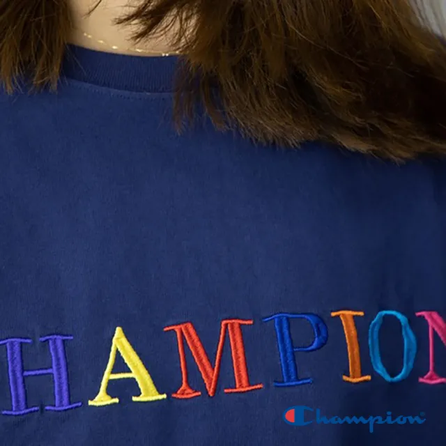 【Champion】官方直營-純棉寬版落肩彩色LOGO刺繡短袖TEE-女(深藍色)