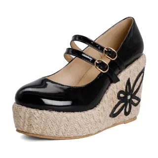 【KissXXX】厚底跟鞋 楔形跟鞋 高跟跟鞋/時尚漆皮雙繫帶厚底楔形高跟鞋(黑)