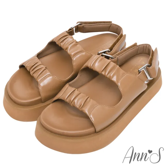 【Ann’S】二代彈力厚底Plus+質感抓皺皮革可兩穿結涼拖鞋5cm(棕)