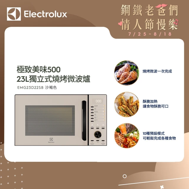 【Electrolux 伊萊克斯】極致美味500 23L獨立式燒烤微波爐(EMG23D22SB 沙褐色)