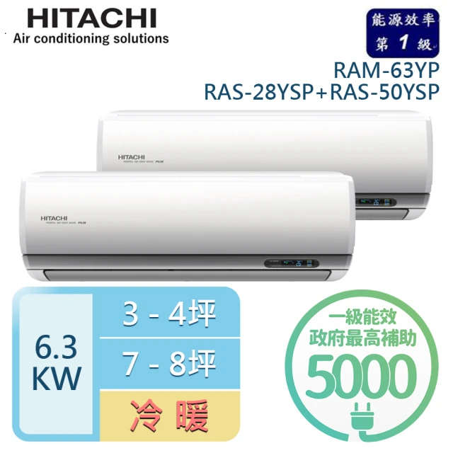 HITACHI 日立HITACHI 日立 3-4坪+7-8坪 R32一級能效變頻冷暖一對二分離式冷氣(RAM-63YP/RAS-28YSP+RAS-50YSP)