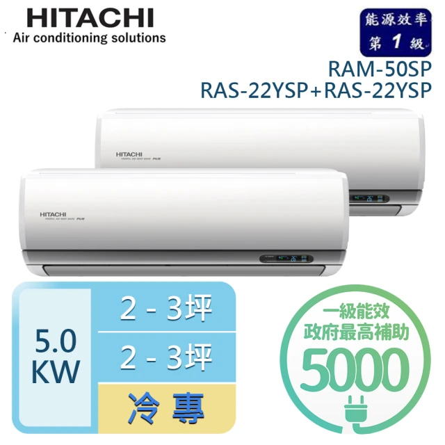 HITACHI 日立HITACHI 日立 2-3坪+2-3坪 R32一級能效變頻冷專一對二分離式冷氣(RAM-50SP/RAS-22YSP+RAS-22YSP)