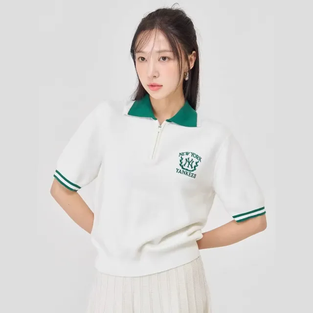 【MLB】女版短版半拉鍊 POLO衫 Varsity系列 紐約洋基隊(3FKPV0543-50IVS)
