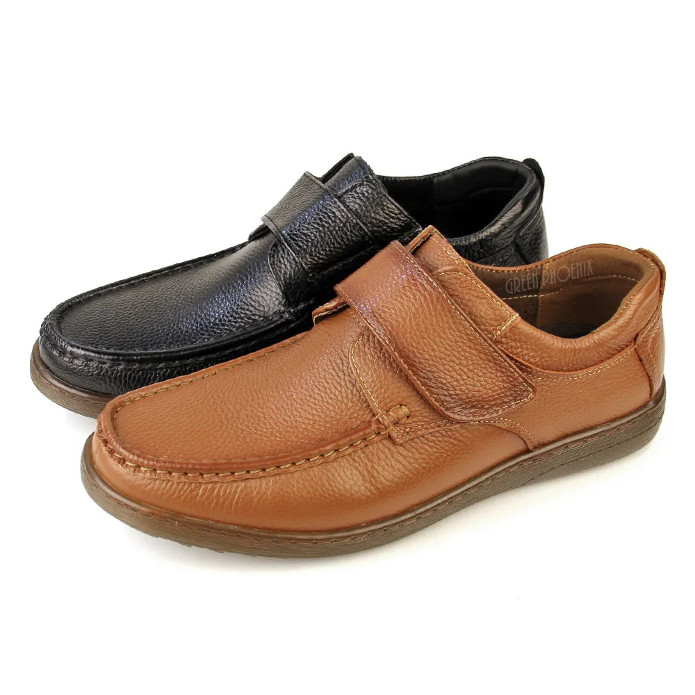 【GREEN PHOENIX 波兒德】男鞋 休閒皮鞋 商務皮鞋 全真皮 牛皮 沾黏式(咖啡、黑色)