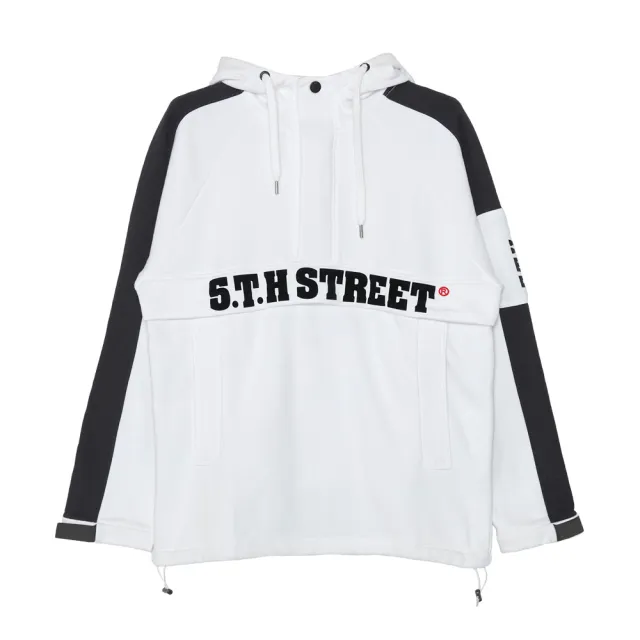 【5th STREET】男裝撞色開襟潮款長帽T-白色