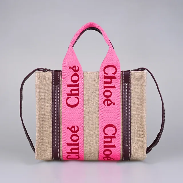 【Chloe’ 蔻依】CHLOE Woody簡約刺繡LOGO 設計亞麻帆布拼接小牛皮開口式手提斜背托特包(小/芭比粉x米)