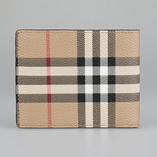 【BURBERRY 巴寶莉】BURBERRY Vintage復古燙銀字LOGO PVC 格紋設計 6卡對折短夾(典藏米)