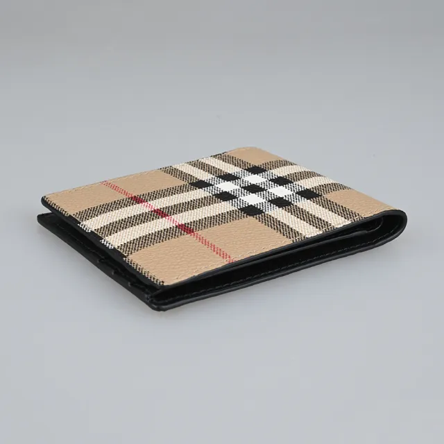 【BURBERRY 巴寶莉】BURBERRY Vintage復古燙銀字LOGO PVC 格紋設計 6卡對折短夾(典藏米)