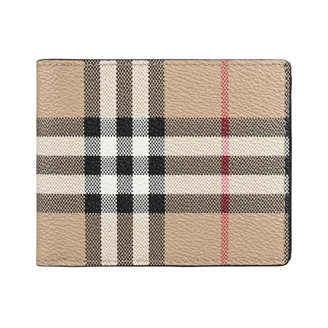 【BURBERRY 巴寶莉】BURBERRY Vintage復古燙銀字LOGO PVC 格紋設計 6卡對折短夾(典藏米)