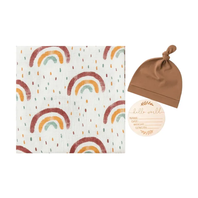 【JoyNa】新生嬰兒包巾+胎帽+木質名牌3件套 100x100cm(防驚嚇包巾/蓋毯/蓋被)