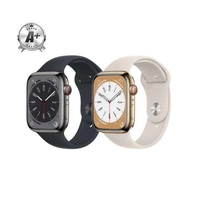 【Apple】A+級福利品 Apple Watch S8 LTE版 41mm(不鏽鋼金屬錶殼搭配運動型錶帶)