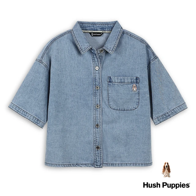 Hush Puppies 女裝 襯衫 短版復古落肩寬鬆牛仔襯衫(藍色 / 43212202)