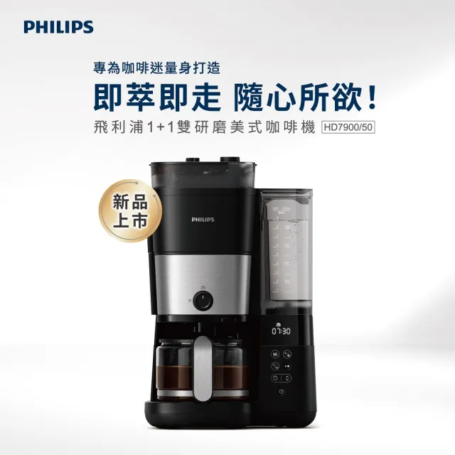 【Philips 飛利浦】全自動雙研磨美式咖啡機(HD7900/50)+全自動冷熱奶泡機(CA6500)