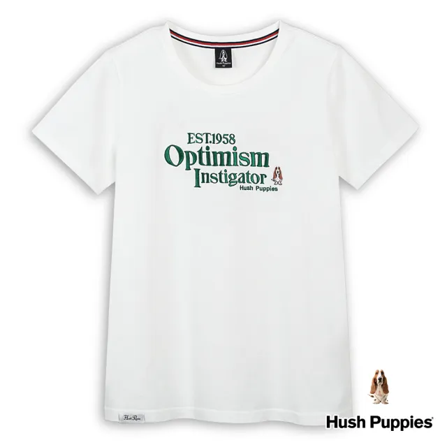 【Hush Puppies】女裝 T恤 質感造型英文字繡花刺繡小狗T恤(米白 / 43211205)