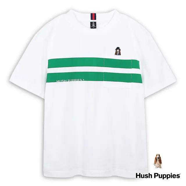 【Hush Puppies】男裝 T恤 撞色粗條紋漁夫帽狗寬鬆版T恤(白色 / 43111210)