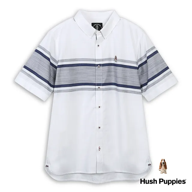 【Hush Puppies】男裝 襯衫 簡約橫條紋撞色拼接刺繡小狗短袖襯衫(白色 / 43112102)