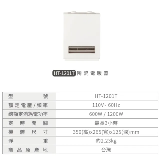 【樂活不露】日式極簡風陶瓷電暖器 HT-1201T(1200W PTC 定時電暖器)