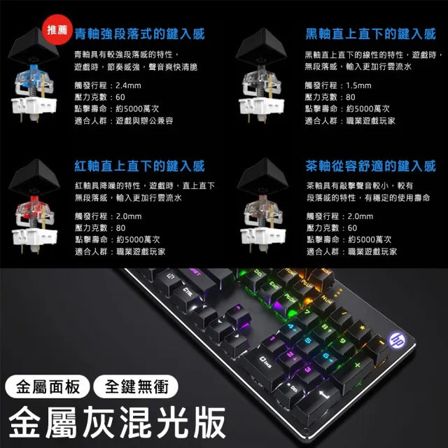 【HP 惠普】有線機械電競鍵盤 GK400F(階梯鍵位/手感舒適/呼吸燈光模式/ABS鍵帽)