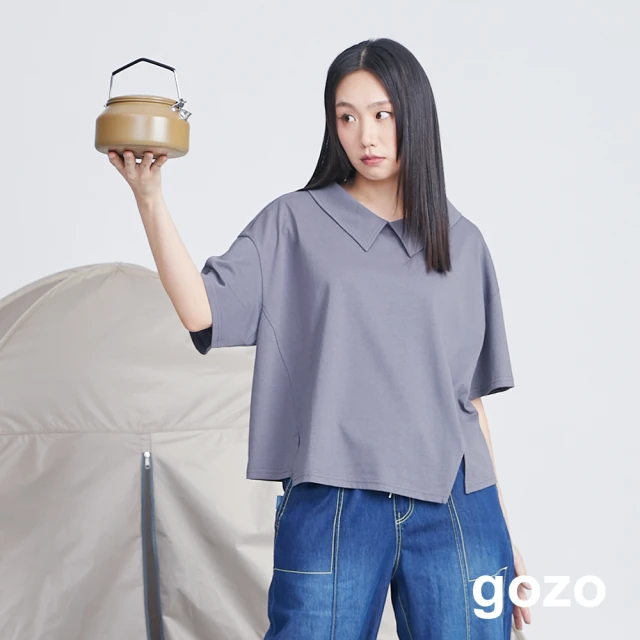 【gozo】涼感側剪接襯衫領上衣(深灰)