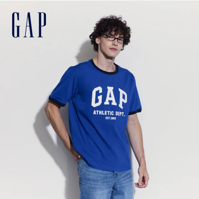 GAP 男裝 純棉小熊刺繡翻領短袖襯衫-藍色(890877)