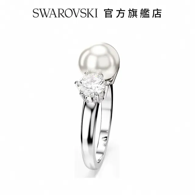 【SWAROVSKI 施華洛世奇】Matrix 戒指 水晶珍珠 圓形切割 白色 鍍白金色