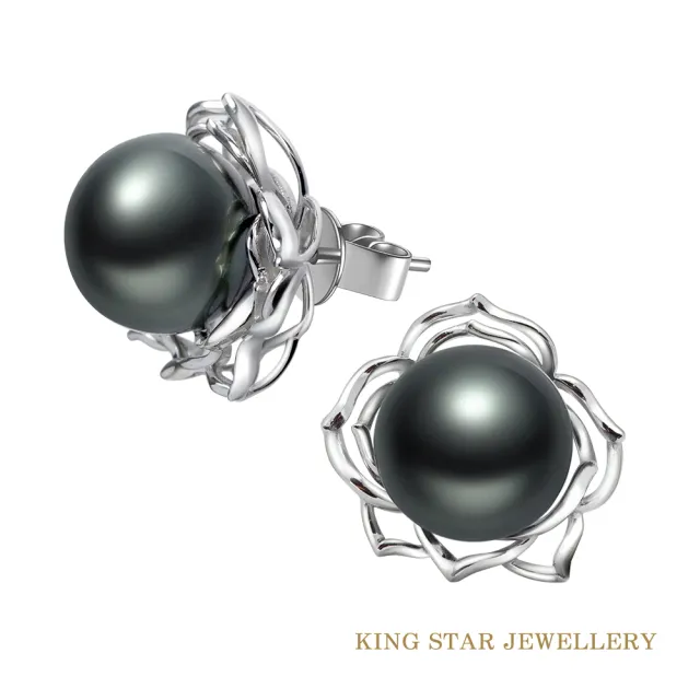 【King Star】天然南洋黑珍珠耳環 茶花