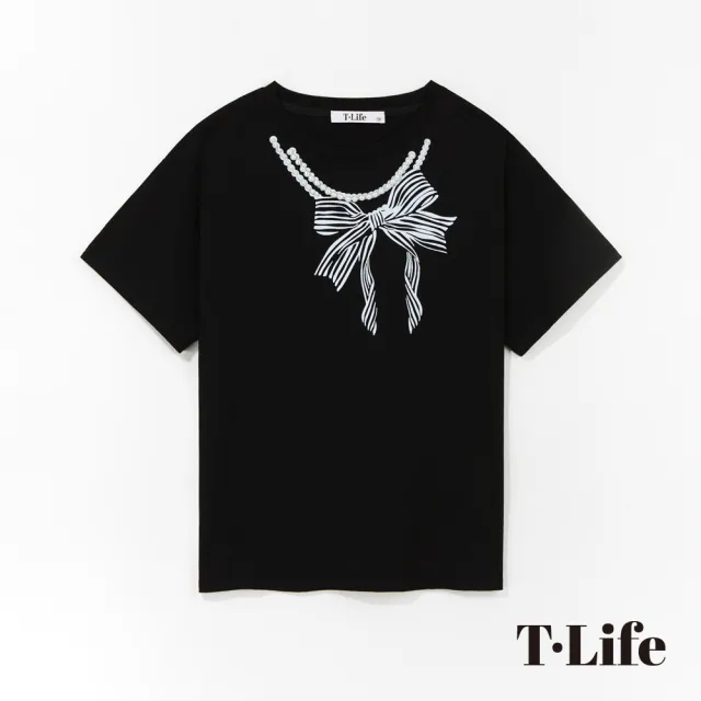 【T.Life】高雅珍珠蝴蝶結設計造型短袖T恤(2色)