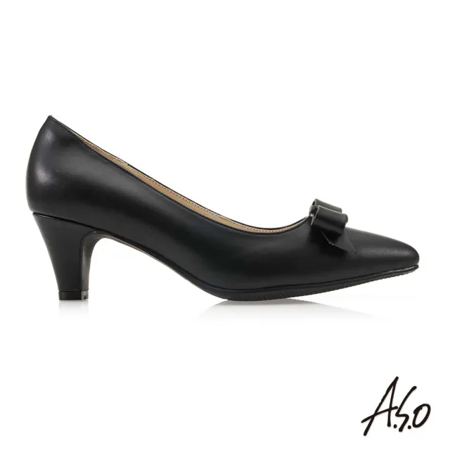 【A.S.O 阿瘦集團】A.S.O窩心系列蝴蝶結時尚尖頭真皮中跟鞋(黑色)