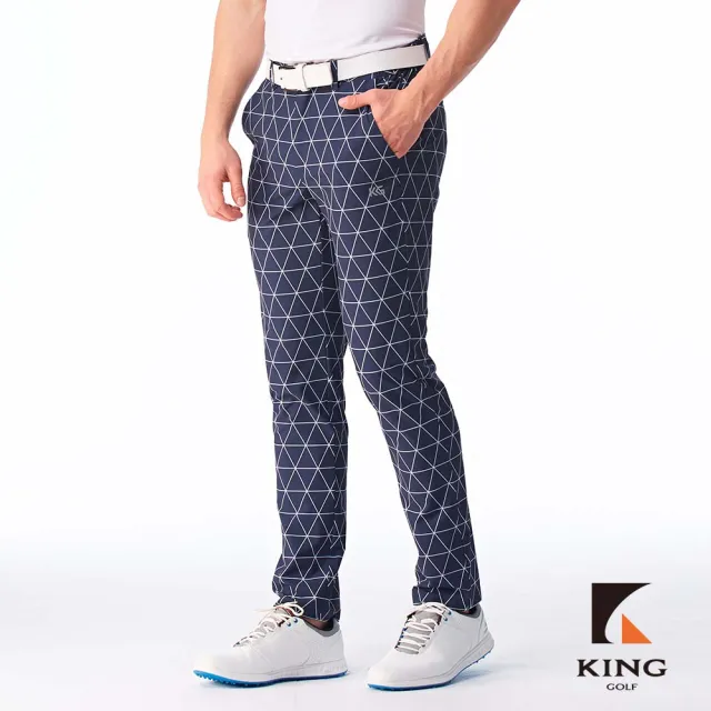 【KING GOLF】實體同步款-男款素色滿版菱格紋線條印花修身彈性休閒長褲/高爾夫球長褲(丈青)