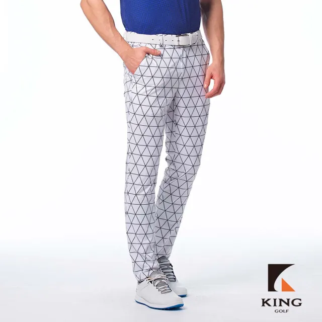 【KING GOLF】實體同步款-男款素色滿版菱格紋線條印花修身彈性休閒長褲/高爾夫球長褲(白色)