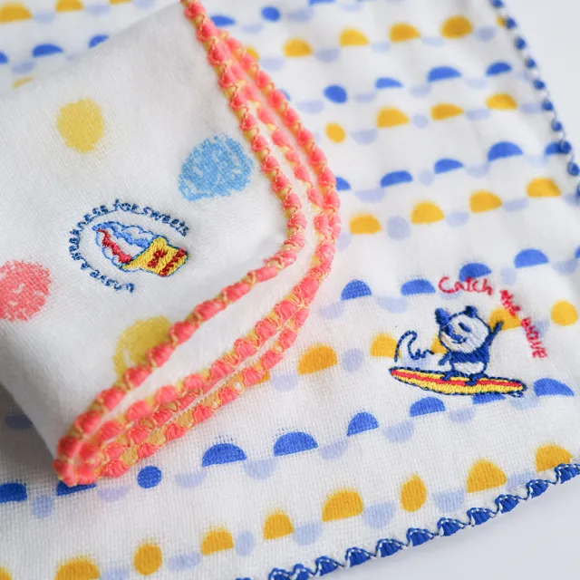 【KONTEX】日本純棉雙層刺繡方巾小手帕- 十色(幼稚園必備、100%日本製)
