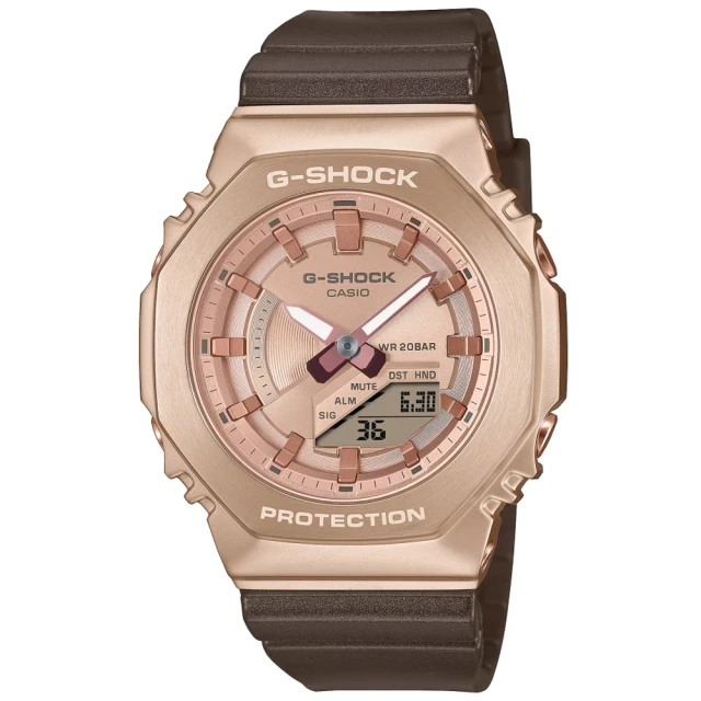 CASIO 卡西歐 G-SHOCK 八角形錶殼 農家橡樹 優雅雙顯腕錶 -蜜桃金(GM-S2100CB-5A)