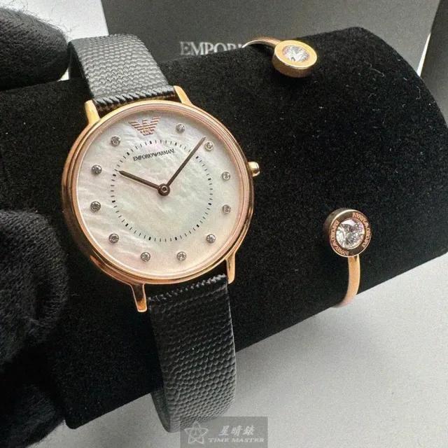 【EMPORIO ARMANI】ARMANI阿曼尼女錶型號AR00065(貝母錶面玫瑰金錶殼深黑色真皮皮革錶帶款)