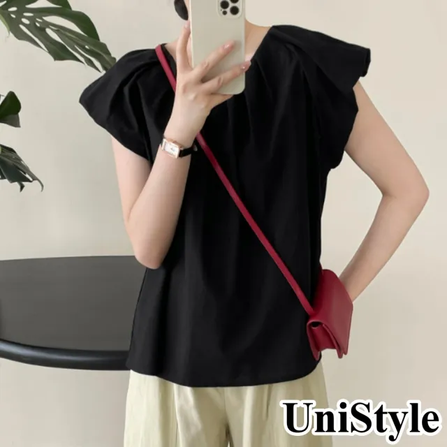 【UniStyle】小飛袖襯衫 韓版棉麻壓摺短袖上衣 女 WT7131(黑)