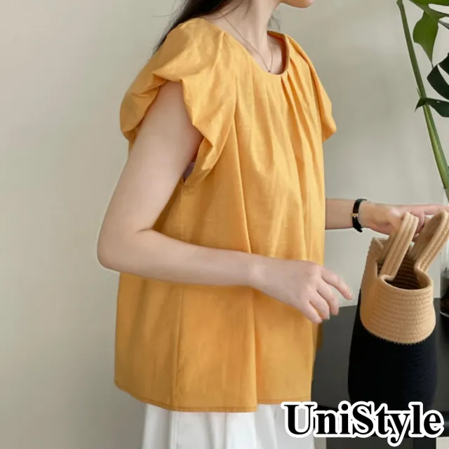 【UniStyle】小飛袖襯衫 韓版棉麻壓摺短袖上衣 女 WT7131(桔)