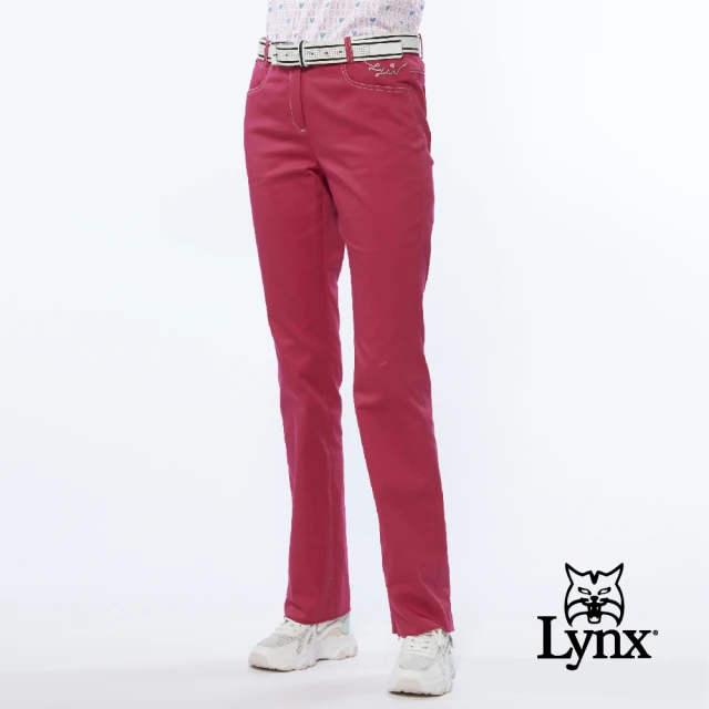 【Lynx Golf】女款彈性舒適混紡材質愛心織標小口袋設計窄管長褲(桃紅色)