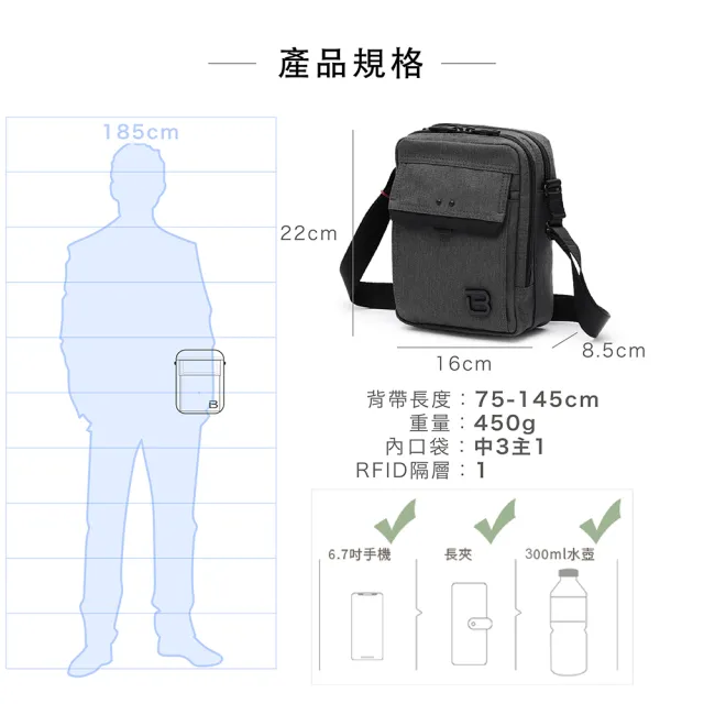 【BESIDE-U】防盜機能多隔層斜肩包 輕量公事包 直式斜背包 防潑水包(RFID防盜錄、高強度防潑水)