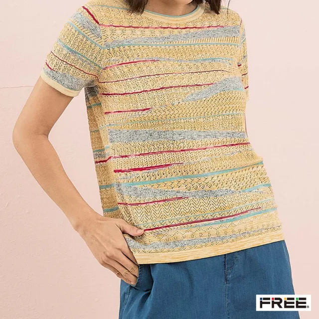 【FREE】有機棉洞織波浪蕾絲針織衫(酪黃)